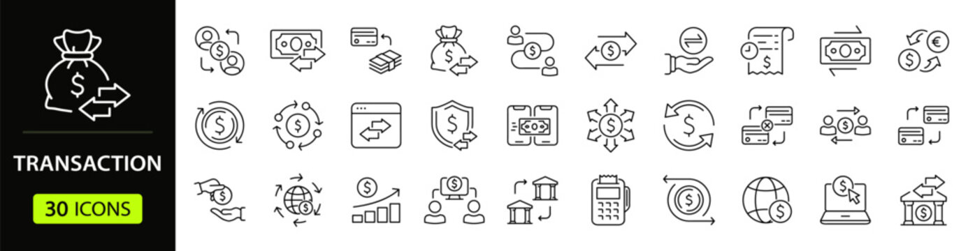 Transaction Web Icon Set in Linear Style. Collection of Cash Flow line icon, including transactions, money, banking, cash, bank, payment, exchange, business, financial, card and more. Editable stroke