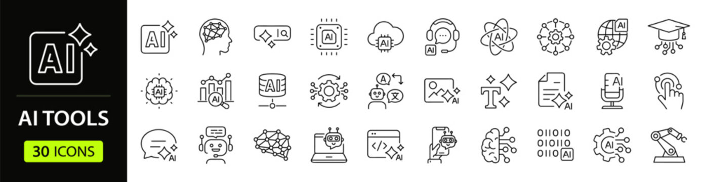Artificial intelligence Web Icon Set in Linear Style. Collection of Machine learning line icon, including aI tools, smart assistant, algorithm, digital AI technology, neural network, data processing