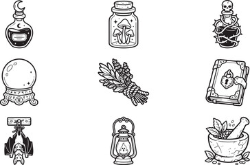 Fototapeta premium Mystical witchcraft icons set, hand drawn magic potion bottles and occult symbols, 9 black and white vector illustrations for alchemy and sorcery