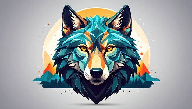 Circular geometric wolf portrait with mountain background.