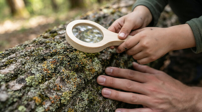 Children and adult hands exploring nature with a magnifying glass