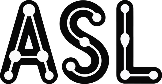 Bold black and white vector illustration showing uppercase letters asl connected with geometric dots and lines for modern design projects