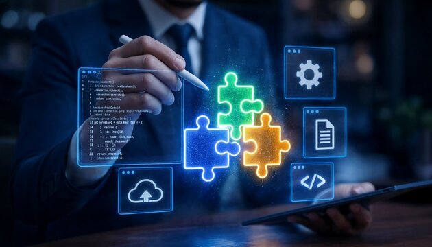 Low code no code development platform concept with professional using stylus on digital interface, application builder tools, cloud integration, and workflow automation for efficient software creation