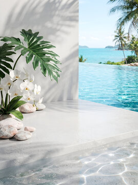 Luxury product display podium with tropical infinity pool and ocean view