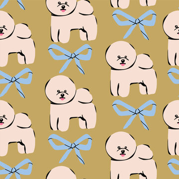 Bichon frise dog and ribbon bows. Green background. Hand drawn trendy Vector illustration. Square seamless Pattern, wallpaper. Repeating cute domestic animal portraits 
