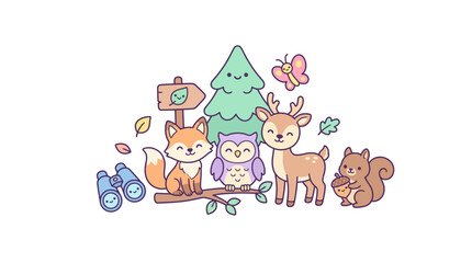 Fototapeta premium Kawaii forest animals and nature scene.