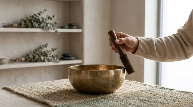 Person playing a brass singing bowl for meditation and sound therapy