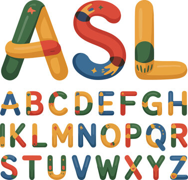 American sign language alphabet vector illustration featuring colorful letters with unique hand shape designs and vibrant artistic textured graphic patterns