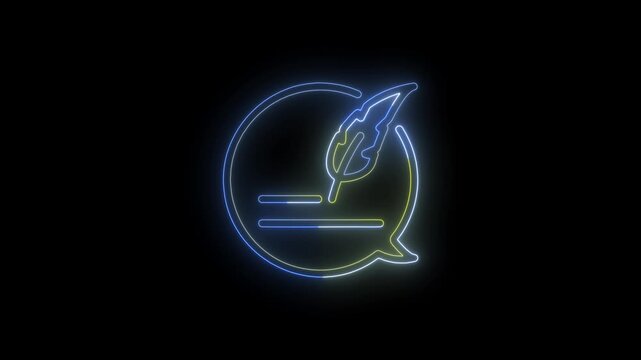 Neon Quote Bubble with Feather Pen Icon Animation on Black Background