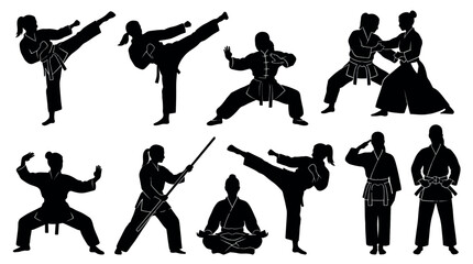 Female Martial Artists Silhouettes Set, Female karate and taekwondo athletes in action poses, Vector icons of women practicing judo and aikido, karate, taekwondo, female, athletes, judo. © MasterTech