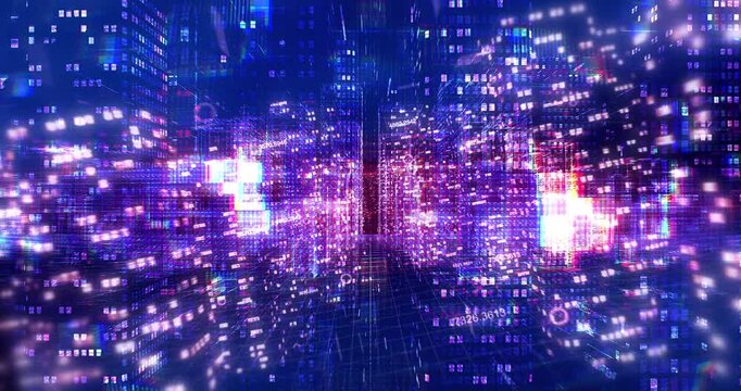 Smart City Financial District with AI Data Overlays and Glowing Skyscraper Lights. Technology Related 3D Animation.