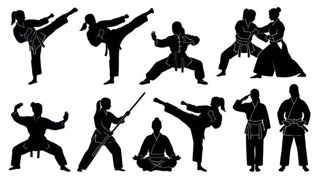 Female Martial Artists Silhouettes Set, Female karate and taekwondo athletes in action poses, Vector icons of women practicing judo and aikido, karate, taekwondo, female, athletes, judo.