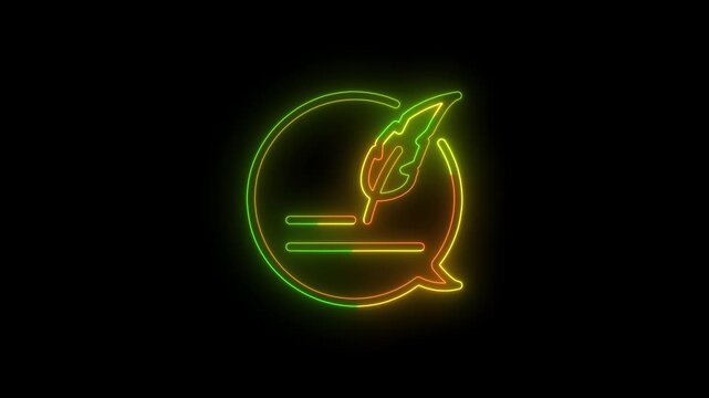 Neon Quote Bubble with Feather Pen Icon Animation on Black Background