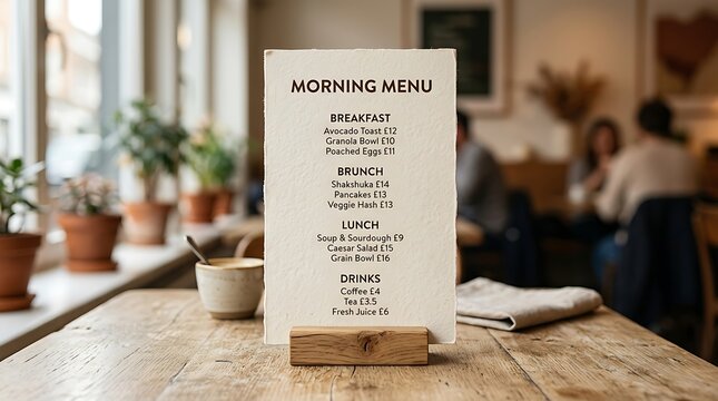 Morning Menu Displayed on Wooden Table in Cafe with Blurred Background of Patrons