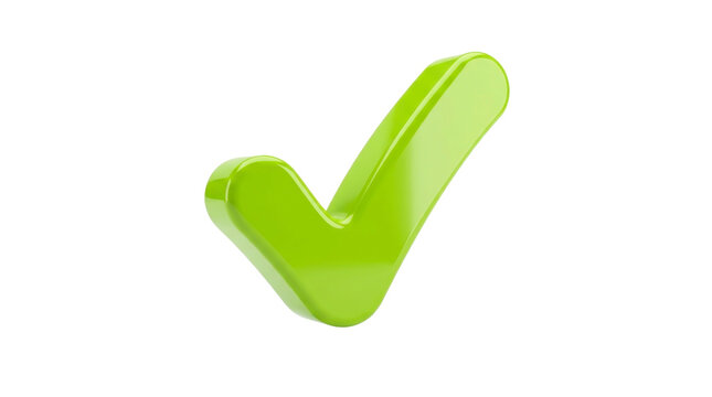 Glossy green check mark isolated on a transparent background PNG image file