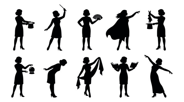 Female Magicians Illusionists Silhouettes Set, Female Illusionist performing magic tricks with rabbit and wand, Circus performer vector icons, magician, woman, silhouette, illusionist, magic, rabbit.