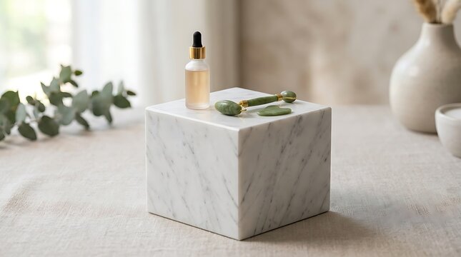 Natural Jade Roller and Face Serum on Marble Pedestal for Skincare Routine