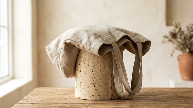 Natural Linen Tote Bag Draped Over Textured Ceramic Pot on Wooden Table