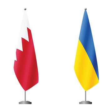 Bahrain and Ukraine flags on flagpoles for official ceremonies and meetings, transparent background vector