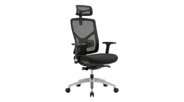 Ergonomic office chair with adjustable headrest on a transparent background PNG image