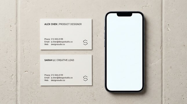 Modern Smartphone Placed Next To Two Blank Business Cards On A Textured Surface