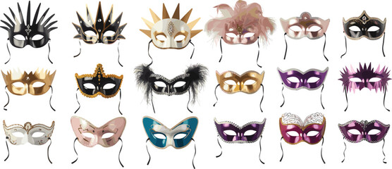 Elegant Venetian masquerade mask set with luxury gold, purple, and feather carnival costumes for festive celebrations © MDAbdur