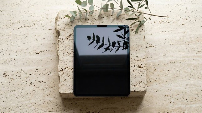 Modern Tablet Device Displaying Reflective Screen With Green Leaves On A Textured Surface