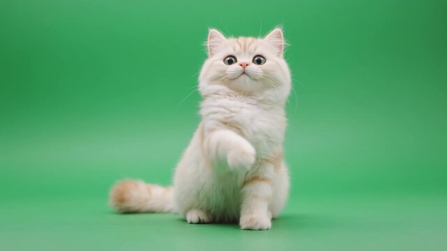 Cute fluffy cat sitting on green screen raising paw in playful greeting during studio filming