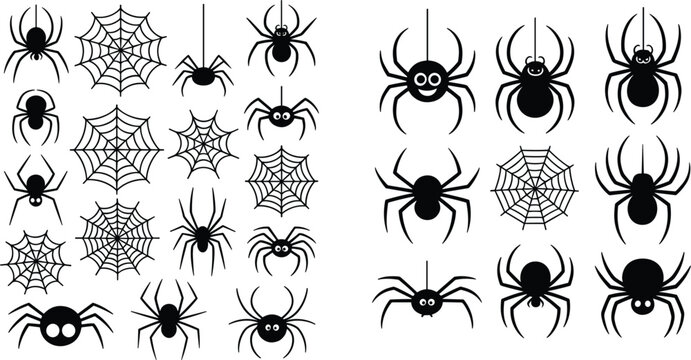 Halloween spider black silhouette vector set with creepy tarantulas, insect cobwebs, and scary hanging arachnids