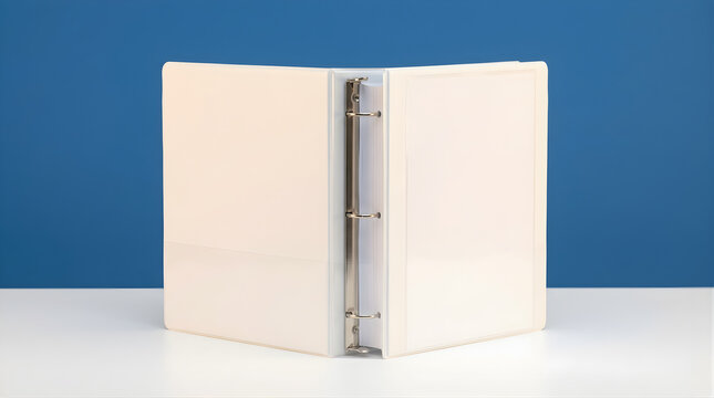 Minimalist White Binder with Metal Rings Standing Open Against a Solid Blue Background Studio Shot