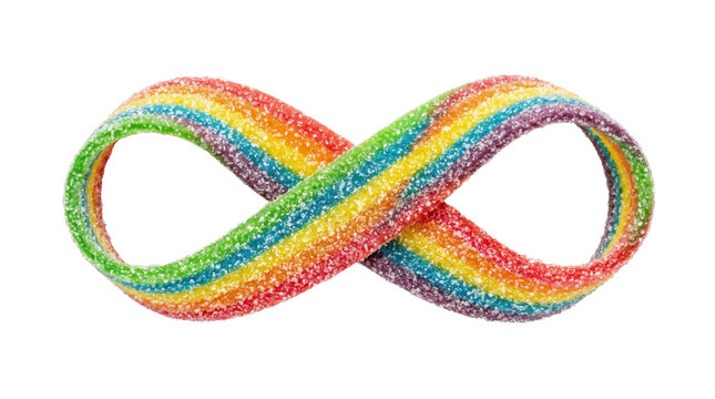 Rainbow sour gummy candy strip in infinity loop shape on a transparent background PNG image