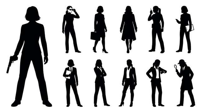 Professional Spy Secret Agent Women Silhouettes Set, Set of female spy and detective vector icons, Mysterious woman in suit holding gun and briefcase, secret agent, spy, silhouette, detective, female.