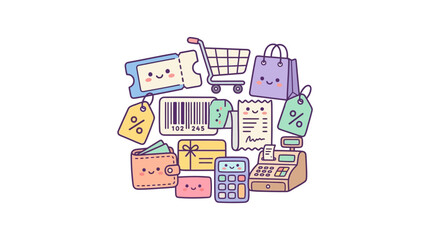 Fototapeta premium Kawaii retail shopping illustration with cart, bag, and register.