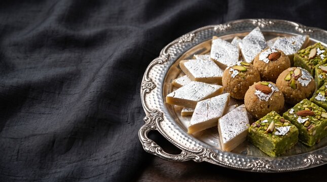 Assortment of Indian sweets including Kaju Katli and Ladoo served on a decorative silver platter for Diwali celebrations