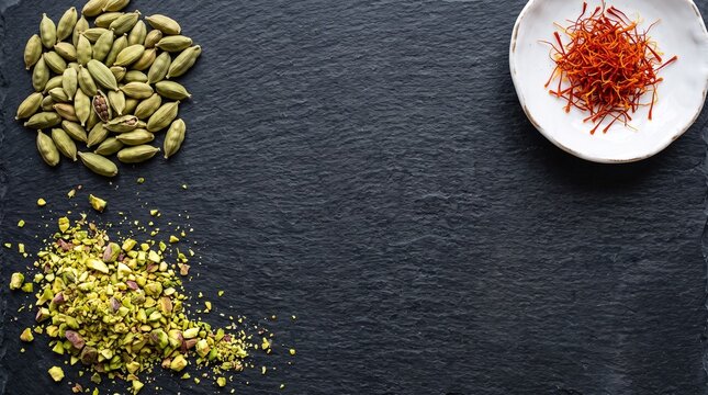 Diwali ingredients saffron pistachios and cardamom pods on dark slate background for festive Indian cooking and sweets