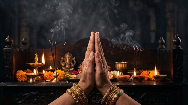 Diwali Celebration Hands Praying Before Altar with Diyas Incense and Ganesha Statue