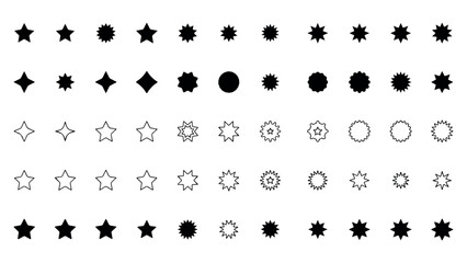 Fototapeta premium Set of stars and geometric shapes in silhouette and outline styles.