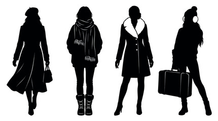 Women Winter Fashion Silhouettes Set of women in warm coats and outerwear, Set of female figures in seasonal clothing, Black and white vector illustrations, winter, fashion, silhouettes, women.