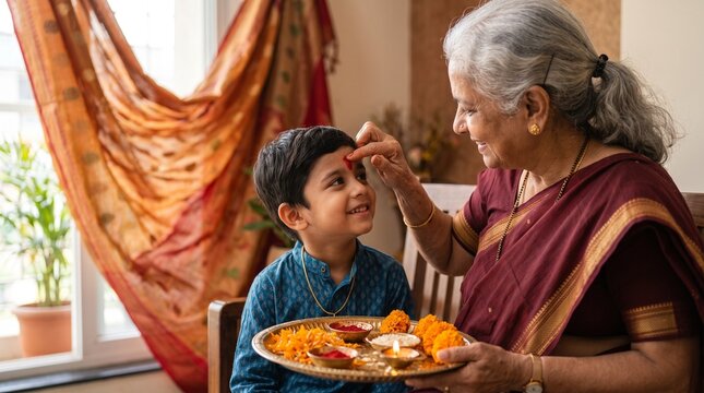 Elderly woman applies a red tika to a young boy's forehead during a Diwali celebration with a puja thali