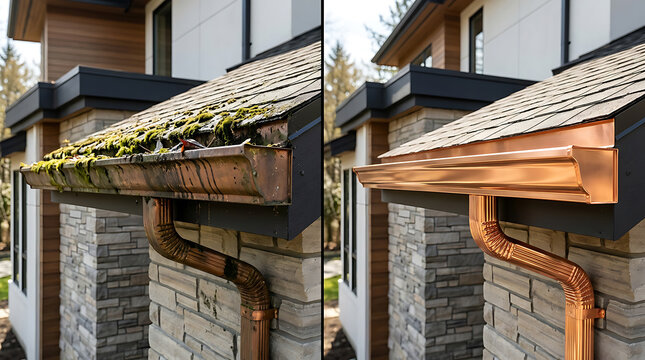 Transformation of a moss-covered weathered roof gutter into a sleek modern copper gutter system showcasing renovation and home