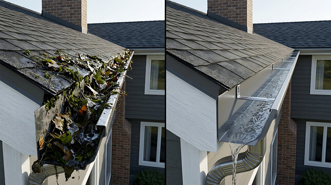 Before and After Gutter Cleaning Showing Accumulated Debris Removal from Residential Roof