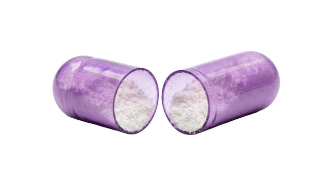 Open medicine capsule with white powder inside on a transparent background PNG file