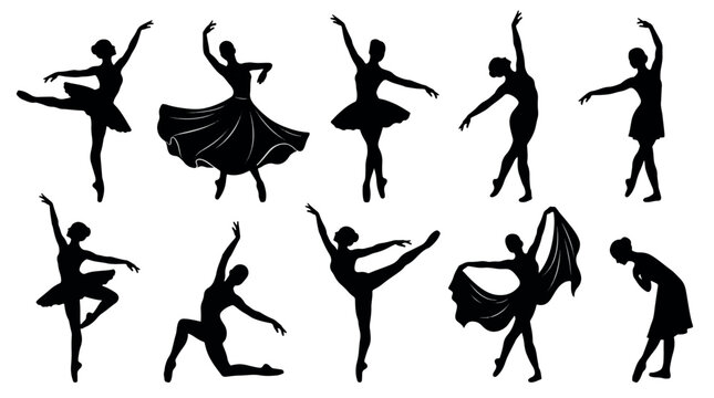 Elegant Ballerina Ballet Contemporary Dance Silhouettes Set, Ballet Dancer vector icons in various poses, Black female dancer figures for theater and dance school, ballerina, silhouette, ballet, dance
