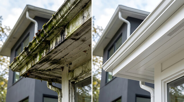 Comparison of a Weathered Mossy House Gutter and a Clean New Gutter System Highlighting the Importance of Maintenance and Upgrades