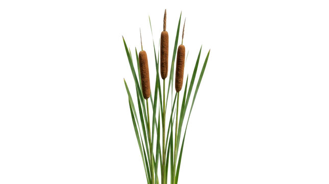 Cattail plant stalks with brown flowering heads on a transparent background PNG file