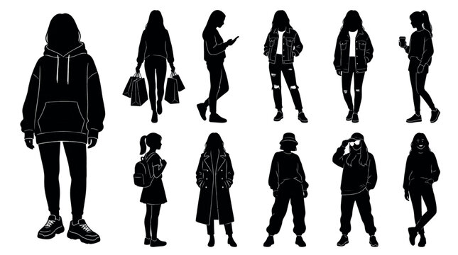 Fashionable Modern Street Fashion Women Silhouettes Set, Collection of female figures in casual streetwear, Black and white vector outlines of girls in trendy outfits, women, silhouettes, female.