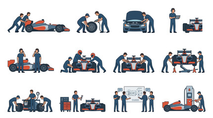 Fototapeta premium Formula 1 Pit Stop Crew Working on Race Cars and Equipment.