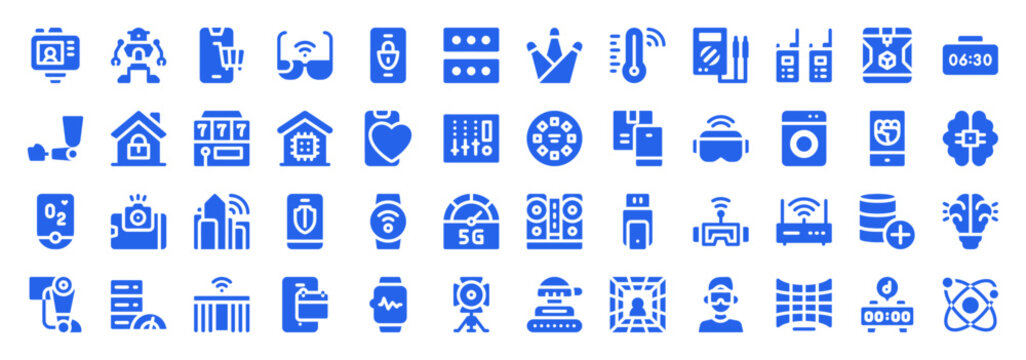 Blue future technology and smart living icon set with automation and AI concepts