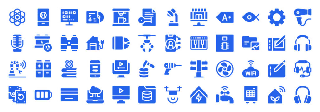 Technology and Science Icon Set Featuring Atom, Computer, and Digital Devices
