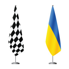 Fototapeta premium Checkered and Ukraine flags on flagpoles for official ceremonies and meetings, transparent background vector